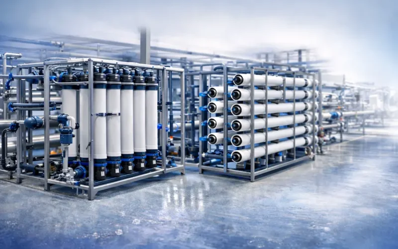 Sistema industrial de tratamento de água em ambiente interno, com módulos de ultrafiltração e osmose reversa em estruturas metálicas e tubulações de aço inox