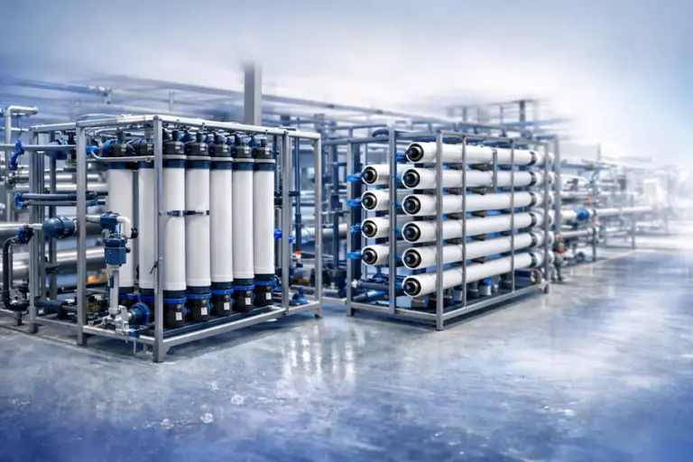 Sistema industrial de tratamento de água em ambiente interno, com módulos de ultrafiltração e osmose reversa em estruturas metálicas e tubulações de aço inox